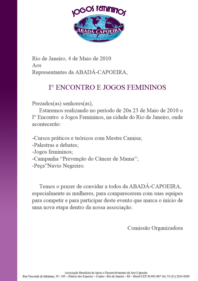 1° JOGOS FEMININOS - Carta Convite